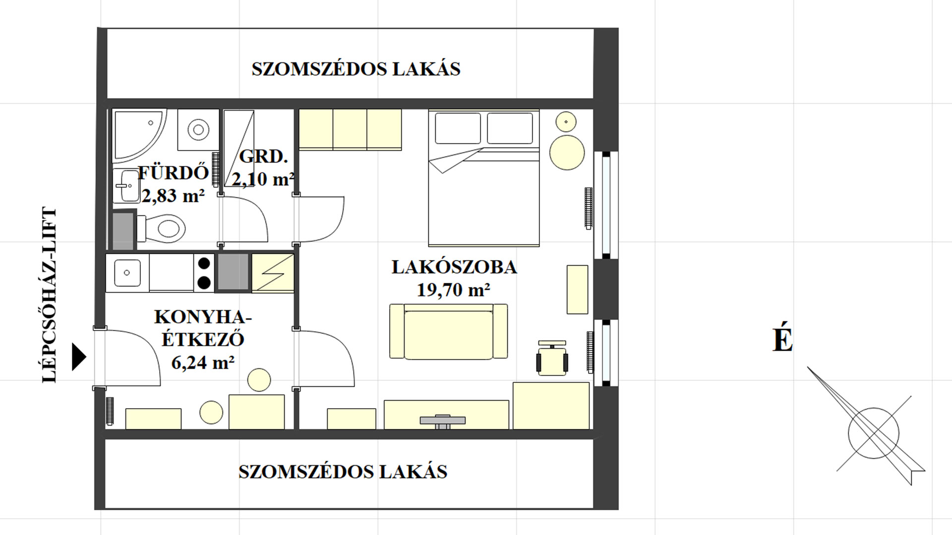 A képen, a garzonlakás alaprajzi beosztása látszik.