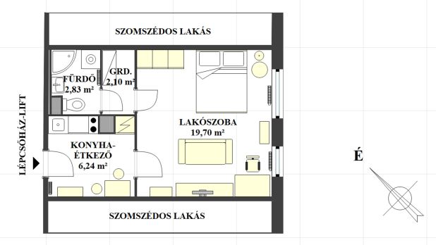 A képen, a garzonlakás alaprajzi beosztása látszik.